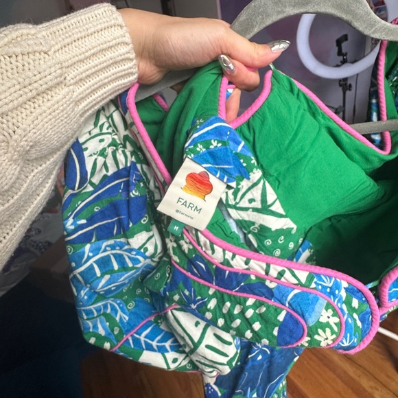 Farm Rio Blue and Green V-Neck Cutout Midi Dress - Picture 6 of 7